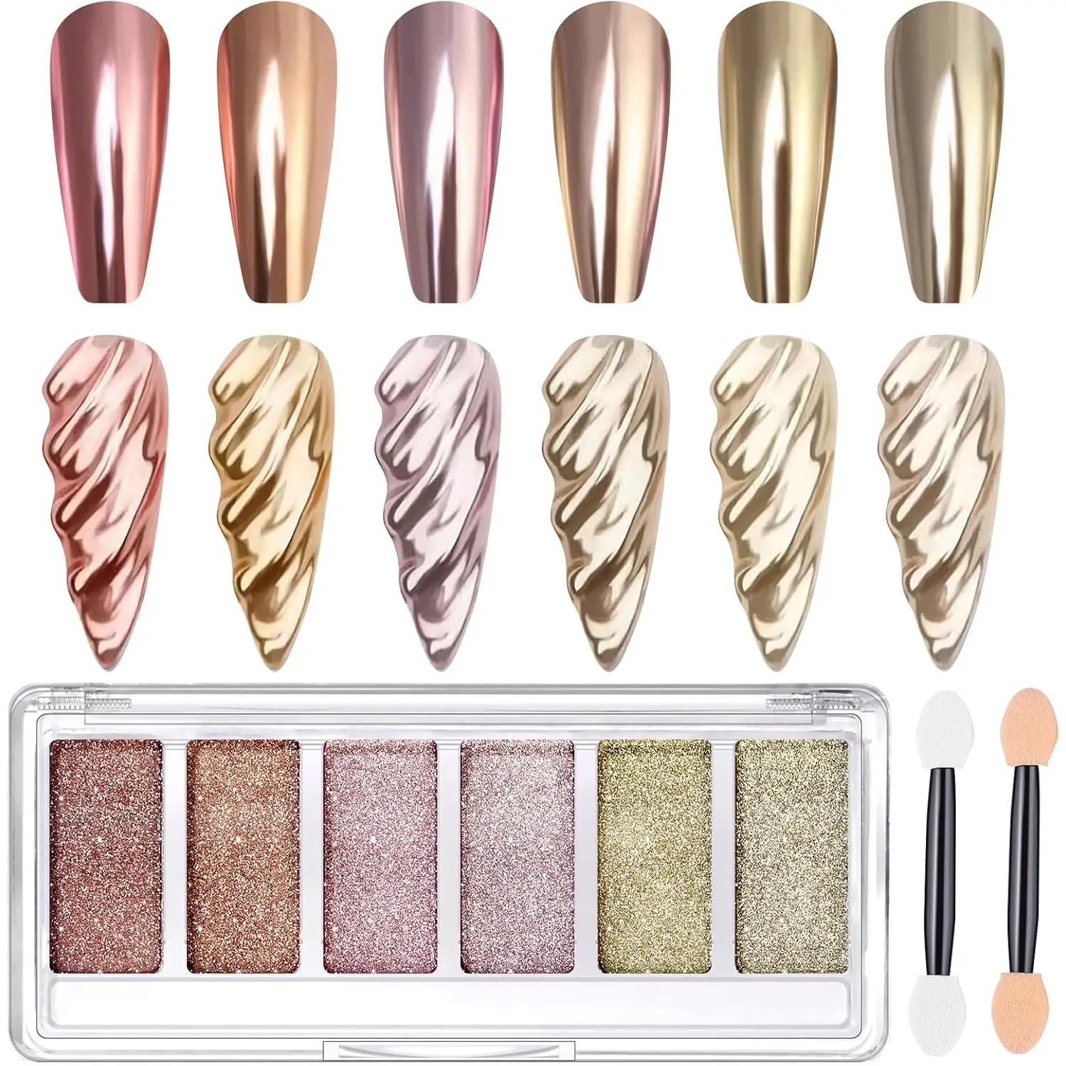 Gold Chrome Nail Powder, 6 Colors Metallic Mirror Effect Pink Champagne Nail Chrome Powder, Rose Gold Light Purple Chrome Powder for Nails Pigment Glitter Dust with Applicator for Salon DIY