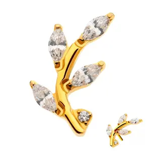 Gold PVD Leaf Clear CZ Threadless Titanium Top