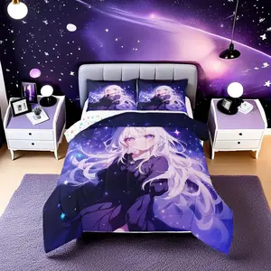 Anime Bedding Anime Gifts Comforter Set,Purple 3D Galaxy Printing Bedding Sets,Cartoon Long Curly Hair Printed Comforter,Kawaii Japanese Bed Set