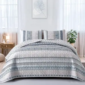 WONGS BEDDING Boho Quilt Set Queen Size, Light Blue Bohemian 3 Pieces Quilt Sets, Lightweight Summer Bedspread Coverlet Bedding Set for All Season (96"x90")