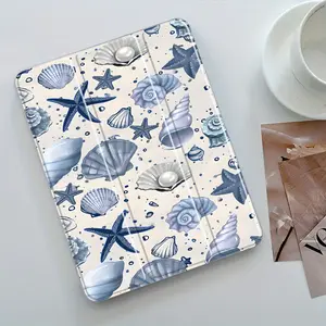 This seashell, starfish, pearl, and ocean breeze themed case features an adjustable stand and pen holder. It's a foldable, non-slip TPU protective case suitable for Samsung, iPad mini, iPad Air, iPad Pro/iPad 10th and 11th generation iPads.