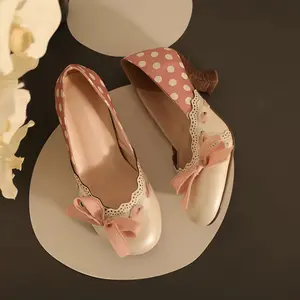 Women's Retro Polka Dot Block Heels, Pink & White Mary Jane Pumps with Bowknot, Vintage Lace Trim Dress Shoes Footwear Elegant