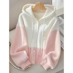 Plus Size - Fresh Pink & White Contrast Hooded Cardigan, Cozy Long Sleeve Cardigan with Button Details, Perfect for Fall/Winter
