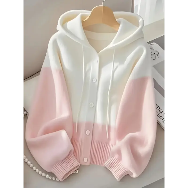 Plus Size - Fresh Pink & White Contrast Hooded Cardigan, Cozy Long Sleeve Cardigan with Button Details, Perfect for Fall/Winter