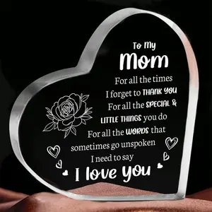 Risamil Heart Shaped Acrylic Block, Flower & LetterPattern Decorative Ornament, Room Decorlnspirational Creative Gift for Mom&Dad&Daughter