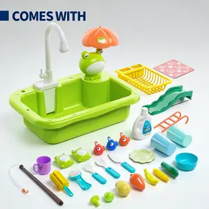 Kids Pretend Play Kitchen Sink Toy Set with Electric Faucet and Running Water, Includes Play Kitchen Accessories, Floating Pool Toys, Fishing Game, and Dishwasher Playset, for Boys, Girls, Toddlers