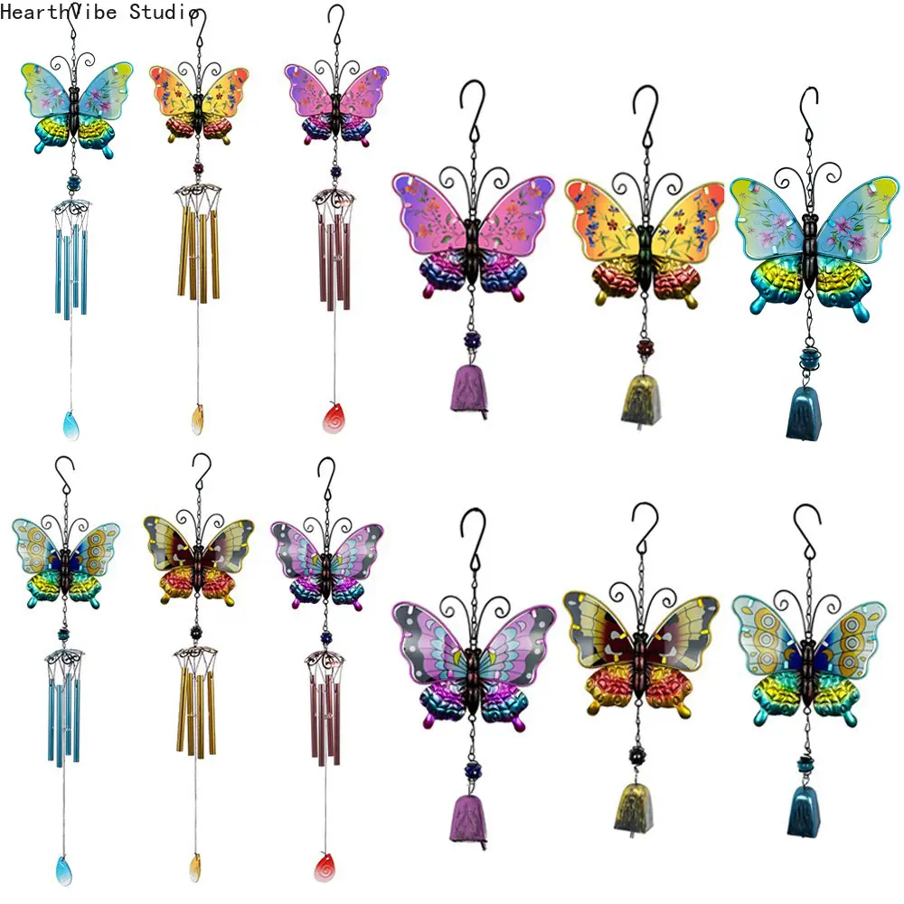 Artistic Butterfly Wind Chimes, Hanging Metal and Glass Ornament with a Creative Design - Unique Artistic Craft for Outdoor Decor, 2410 Blue Aluminum Tube, Modern, 2410 Purple Bells, Multiple Colors, Metal-Glass