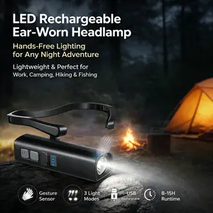 Ultra-Light LED Ear Worn Headlamp, Rechargeable Motion Sensor Headlight, Hands-Free High Bright Ear Hook Light, Waterproof 3 Modes for Running Camping Hiking Fishing