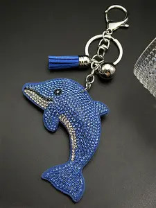 Blue Blingbling Dolphin Keyring For Women Men Full Crystal Rhinestone Tassel Lovely Sea Fish Summer Bag Key Ring Gifts Trendy Cute Keychain Stylish Keychain Bling Bling Keychains