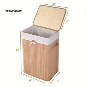 2024 New Rectangle Bamboo Hamper Laundry Basket Washing Cloth Bin Bag Lid Natural