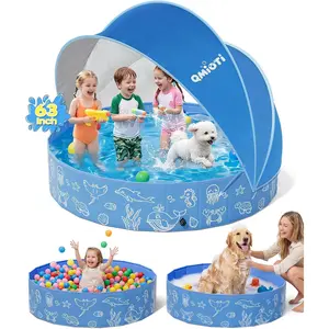 63in Kiddie Pool with Canopy, Foldable Kids Pool with Detachable UPF 50+ Sunshade, Portable Non-Slip Swimming Pool Dog Pool for Backyard, Beach, Outdoor Summer Water Play