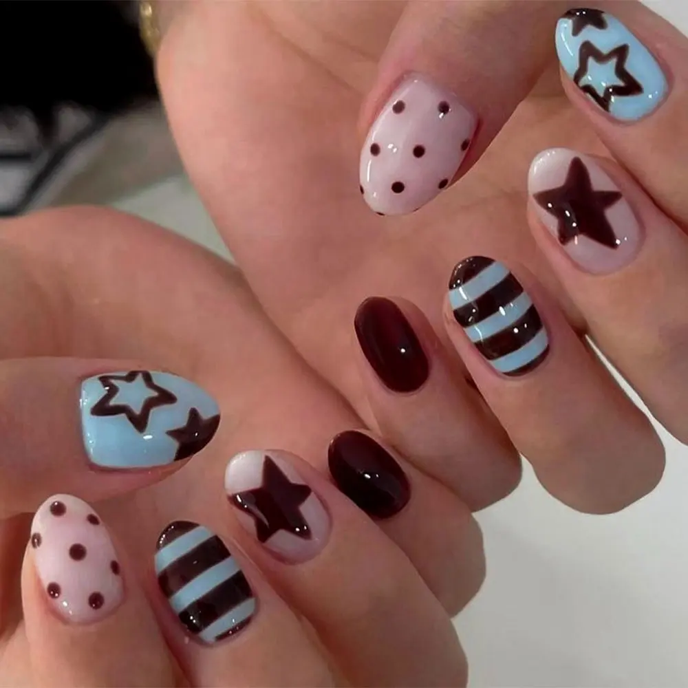 24pcs Short Oval Striped Star Polka Dot Nails, Acrylic Press-On False Nails, Includes Jelly Glue and Nail File, Perfect for Parties and Daily Wear