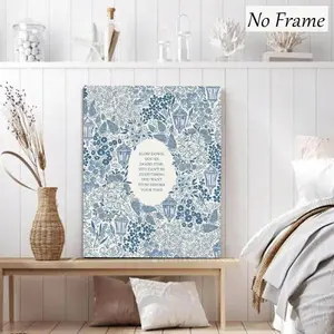 Blue Floral Quote Decorative Painting, Unframed Wall Art, Fresh Blue with Delicate Plant Pattern, Perfect for Creamy Style Home Decoration