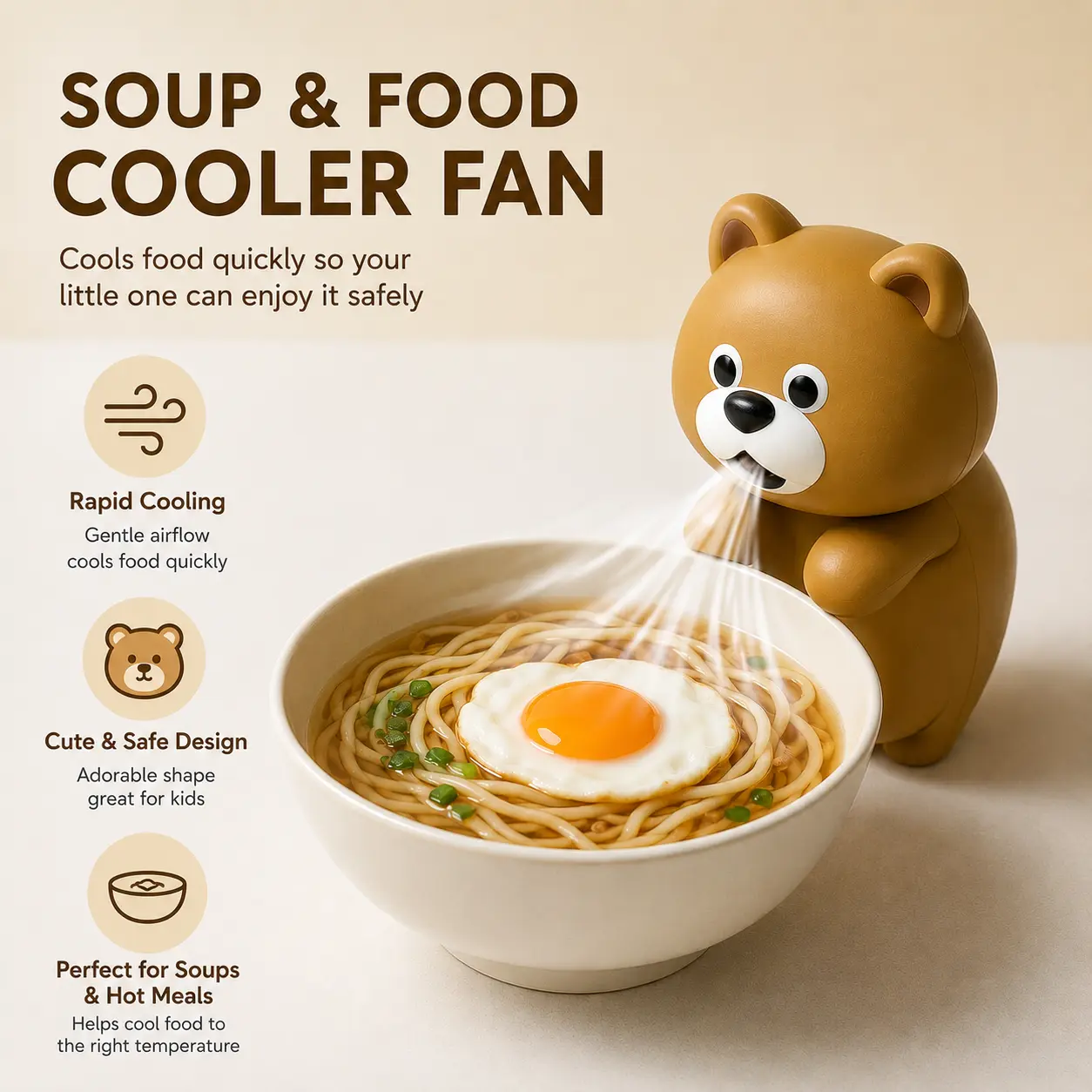 Cute & Safe Soup & Food Cooler Fan Rapid Cooling Gentle Airflow for Kids' Hot Meals Perfect for Soups and Hot Meals