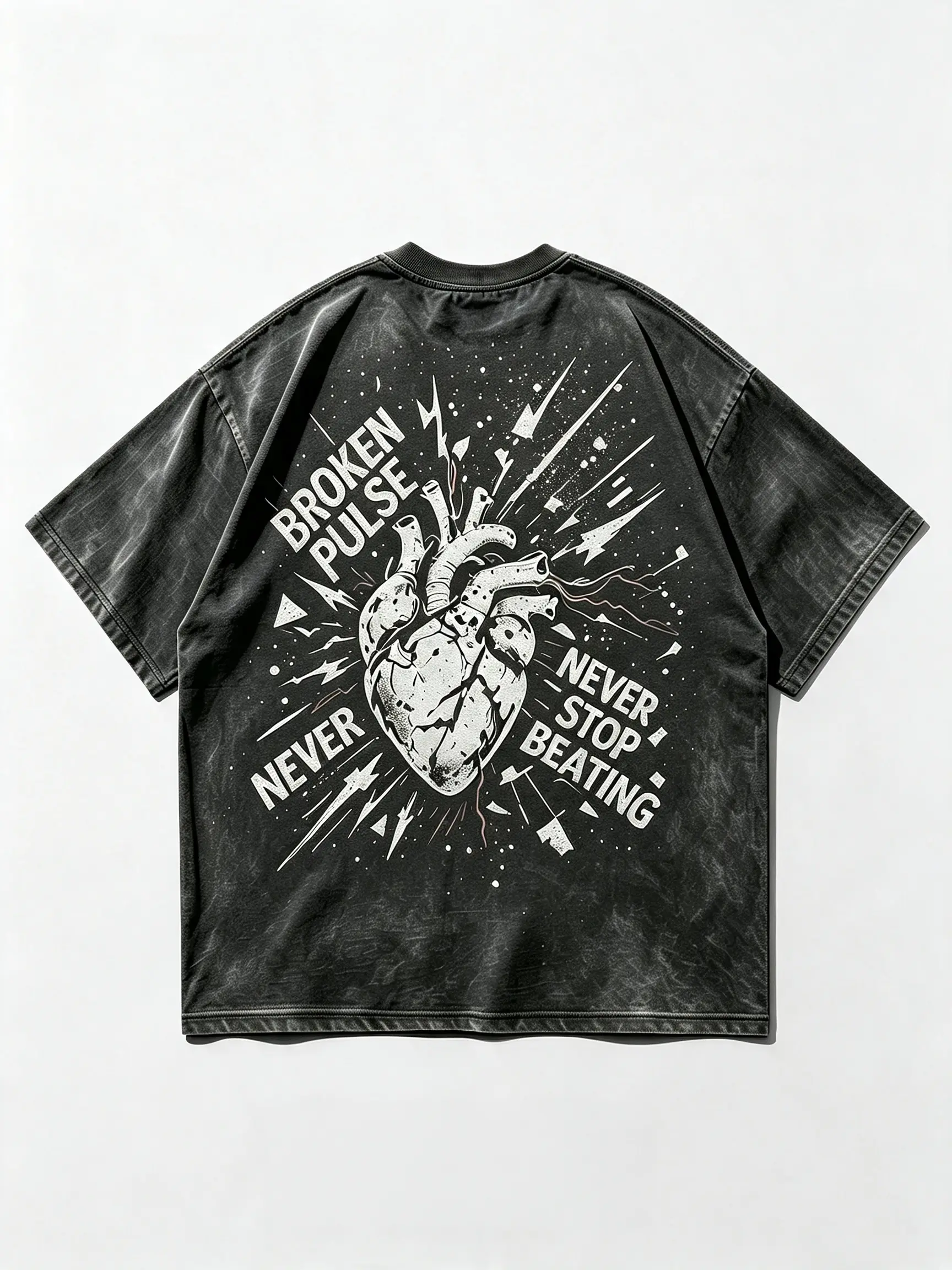 “Broken Pulse Never Stop Beating” graphic T-shirt, men’s oversized short-sleeve tee, washed black vintage streetwear top for street style lovers