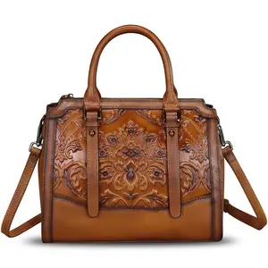 Genuine Leather Purses and Handbags for Women Vintage Embossed Leather Top Handle Satchel Crossbody Shoulder Bag with Strap