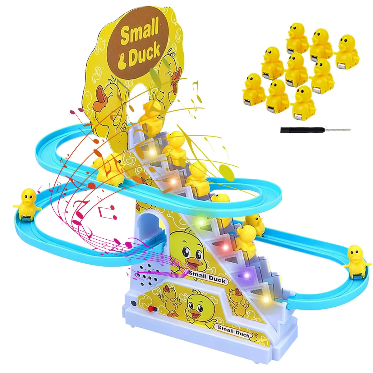 Electric Duck Climbing Stairs Toy Set, Interactive Race Track Roller Coaster with LED Lights & Music On/Off
