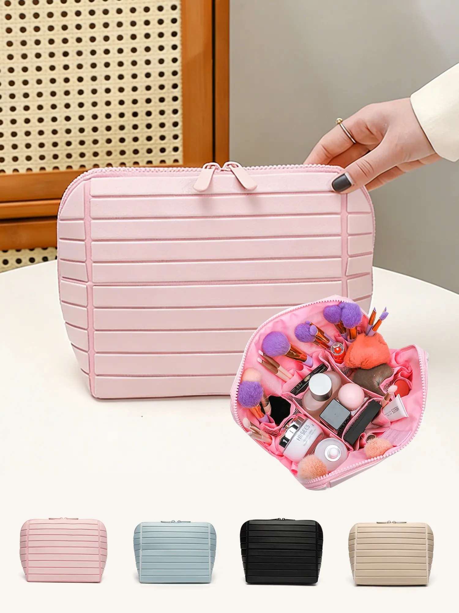 Women's Large Capacity Makeup Organizer Bag, Striped Waterproof Travel Washbag, Convenient Skincare Bag for Outdoors and Trips, Travel Cosmetic Bag, Travel Essentials, Cosmetic Travel Bags, Travel Makeup Pouch, Cosmetic Storage Bag, Cosmetics Bag