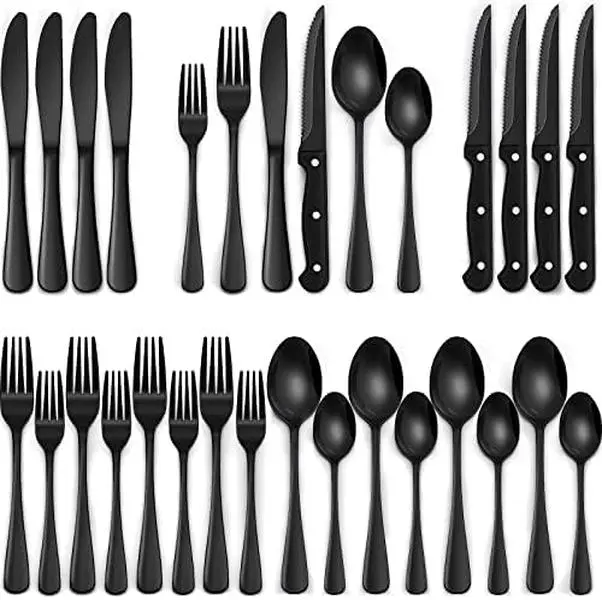 24-Piece Black Silverware Set with Steak Knives Food-Grade Stainless Steel Tableware Cutlery Set for 4 Mirror Finished Utensil Sets for Home Restaurant
