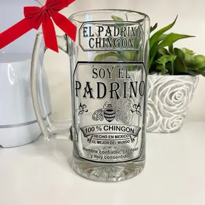El Padrino Chingón , Soy El Padrino Tarro Glass Beer Mug 26 OZ Drink Drinkware Cup Tumbler Washable Reusable Handmade Reuse
