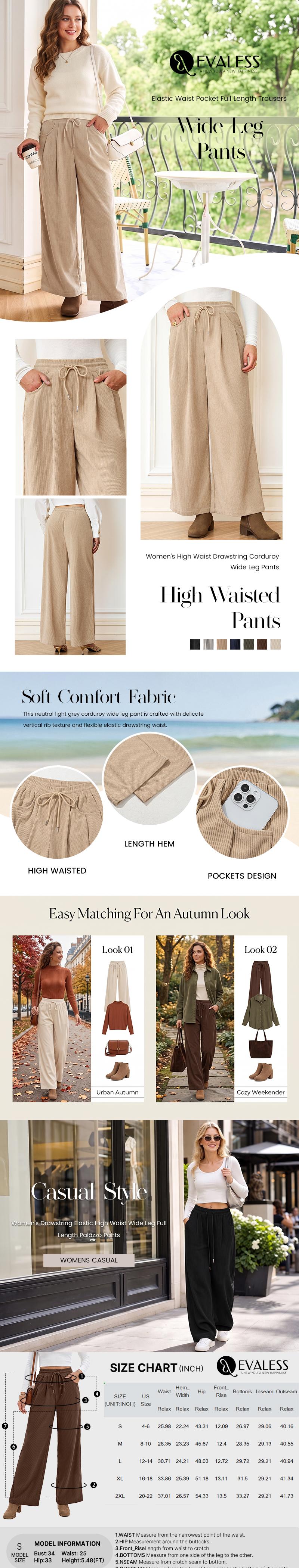 EVALESS High Waisted Corduroy Wide Leg Pants, Elastic Drawstring Waist Casual Trousers with Pockets, Warm Fall Winter Pants  Deals For You Days summer outfits,back to school shopping