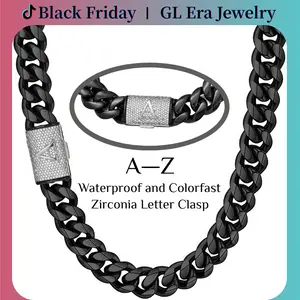 Black Stainless Steel Cuban Link Necklace 14mm with Silver Clasp & A–Z Letter Pendant Industrial Gothic Men’s Jewelry, Hip-Hop Streetwear Statement Chain Gift