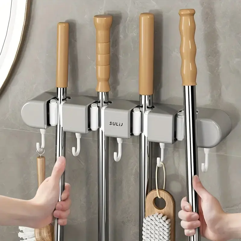 1pc Space-Saving Strong Mop And Broom Wall Holder -, Easy, No-Drill Install, Perfect for Bathroom, Garden, Garage, Organize Your Space Neatly, Organizer, Bathroom Accessories Organizer