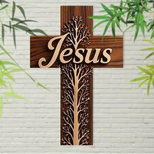 Elegant 8x12 inch wooden wall cross with "Jesus" inscription - living room, bedroom, office, kitchen country religious decoration, Cross Decorations, ideal for Christmas, Easter, Thanksgiving, Halloween and pastoral gifts, inspired wall decoration