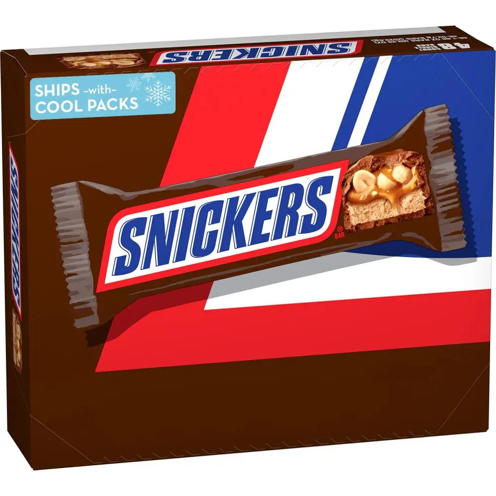 Snickers Full-Size Milk Chocolate Candy Bars with Roasted Peanuts & Caramel - 1.86 oz Each, 48-Count, 78.96 oz Gluten-Free Low Sodium Bulk Box, Peanut-Containing, for Holiday, Movie Night, All Ages, Coworkers