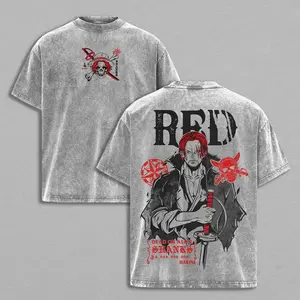 Retro Limited Shanks Red One Piece Vintage Unisex Oversized Anime Graphic Tee Y2K Double Printed Acid Washed Cotton T-Shirt Streetwear, Outfits Men Top Manga Game Movie Gift Lover Merch