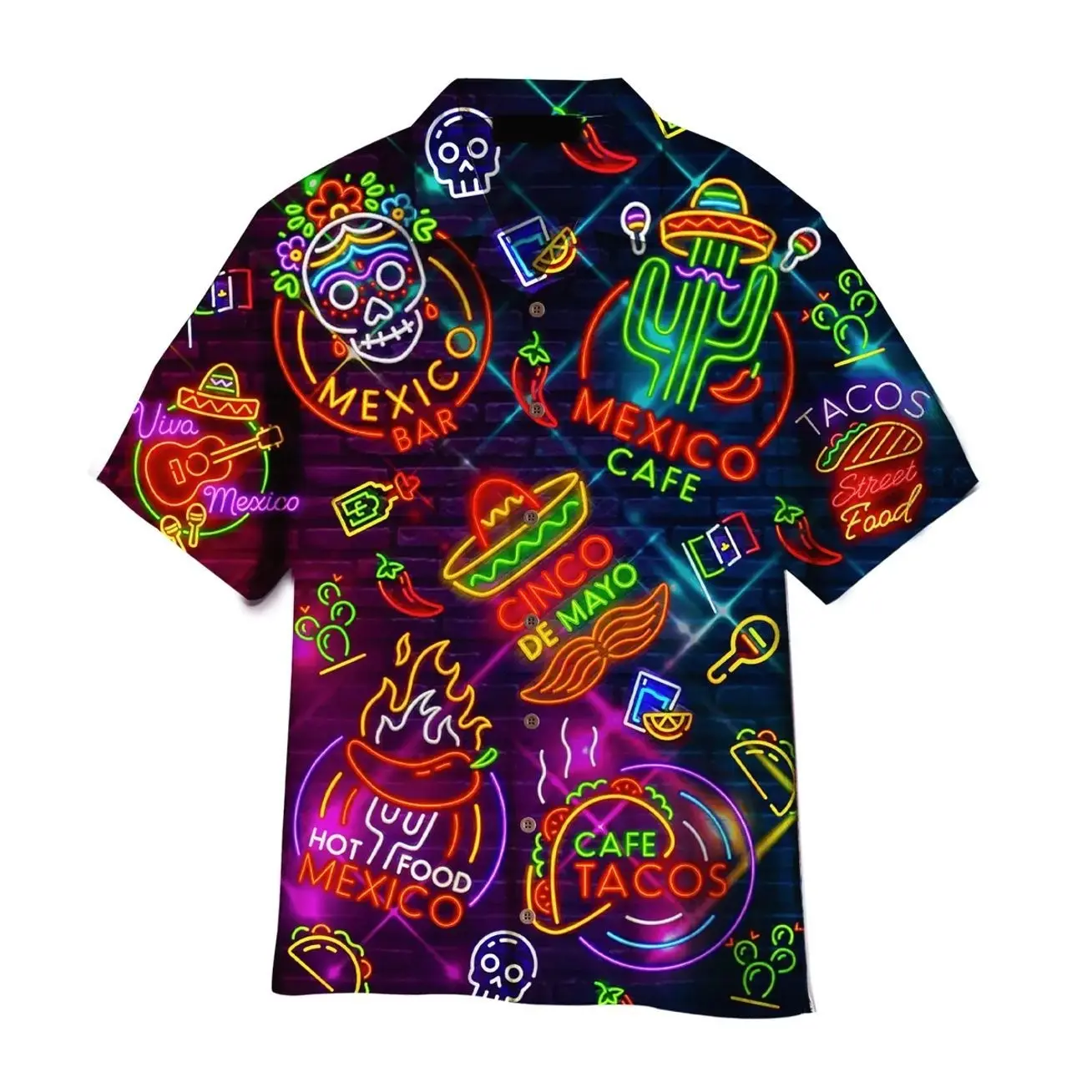 Neon Mexican Party Cinco De Mayo Hawaiian Shirt - 100% Woven Polyester, Casual, Short Sleeve, Available in Sizes S to 5XL H