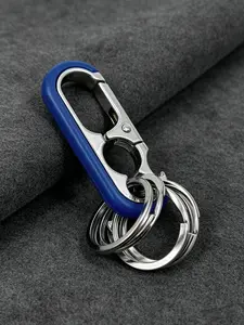 Luxury Men Keychain with /blue/ Clasp, Stainless Steel Car Key Chain, DIY Keyring Holder, Gift Set with 4 Silver Color Rings