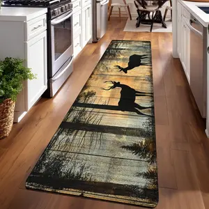 1PC， Yellow - Brown Forest with Two Deer Silhouettes Patterned strip rugs, home décor, bathroom mats, entryway mats, bathroom non-slip mats, indoor entrance rugs, bedroom bedside mats, kitchen mats, hallway rugs, flannel sponge rugs, hallway runner rugs
