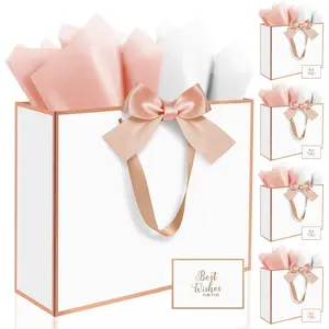 5Pack Elegant Large  Bags with Handles, 12.6x10x4 Inch - Set Includes Tissue Paper & Cards for Birthday,  Shower, Wedding, Anniversary, Mothers Day & Holiday Gifts (5Pcs White with Rose  Rim)
