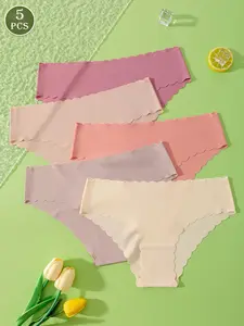 5 Piece Women's Seamless Wave-Edged Underwear Set, Comfortable Breathable Elastic Smooth Triangle Panties, Everyday Wear for All Seasons, Soft Panties