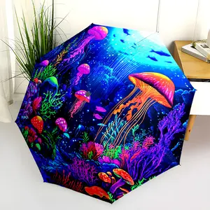 1 PC Automatic Folding Umbrella - Underwater Neon Mushroom Scene Pattern, Portable & Foldable Design with 8 Ribs, Merry Christmas Pattern,Casual Outdoor Accessory Halloween and Christmas Birthday Gifts. H00171