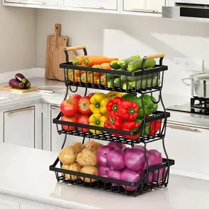 3-tier Fruit Basket, Metal Bread Fruit Vegetable Storage Basket Stand with Wooden Handle, Kitchen Countertop Storage Organizer