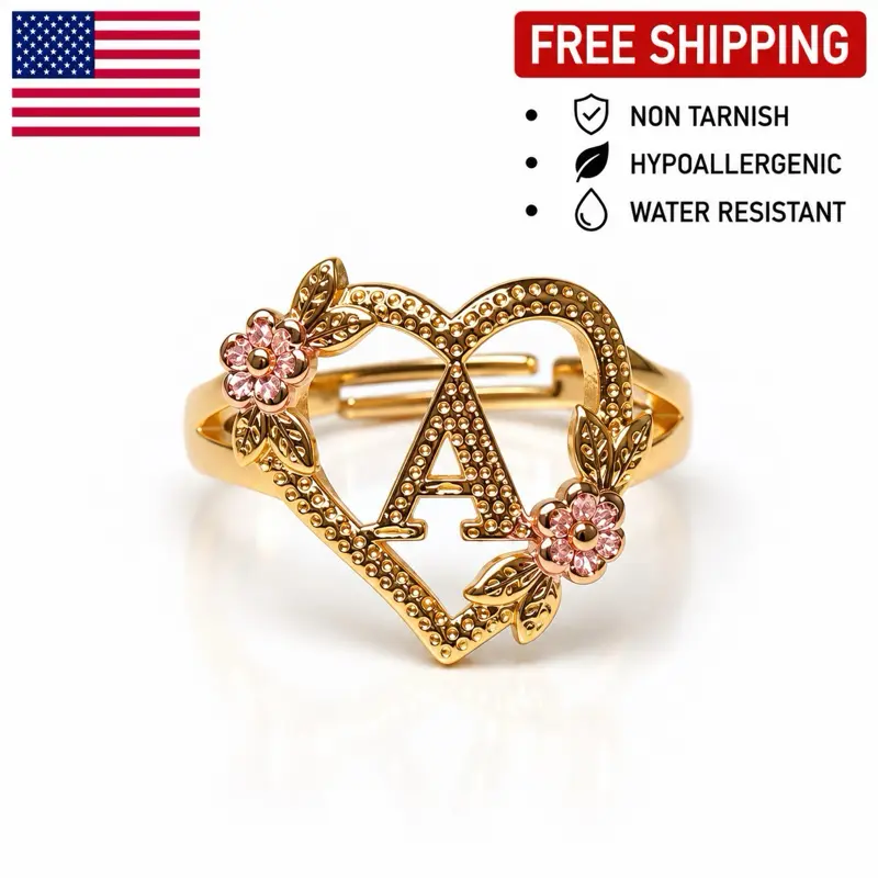 A-Z ADJUSTABLE INITIAL HEART RINGS 18K ROSE GOLD PLATED RING NON TARNISH HYPOALLERGENIC FOR MEN AND WOMEN