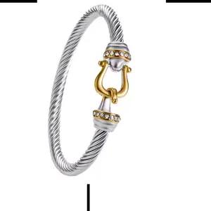 Two Tone Twisted Cuff Wire Bracelet with Elegant Rhinestone Accent and Secure Clasp for Stylish Wear