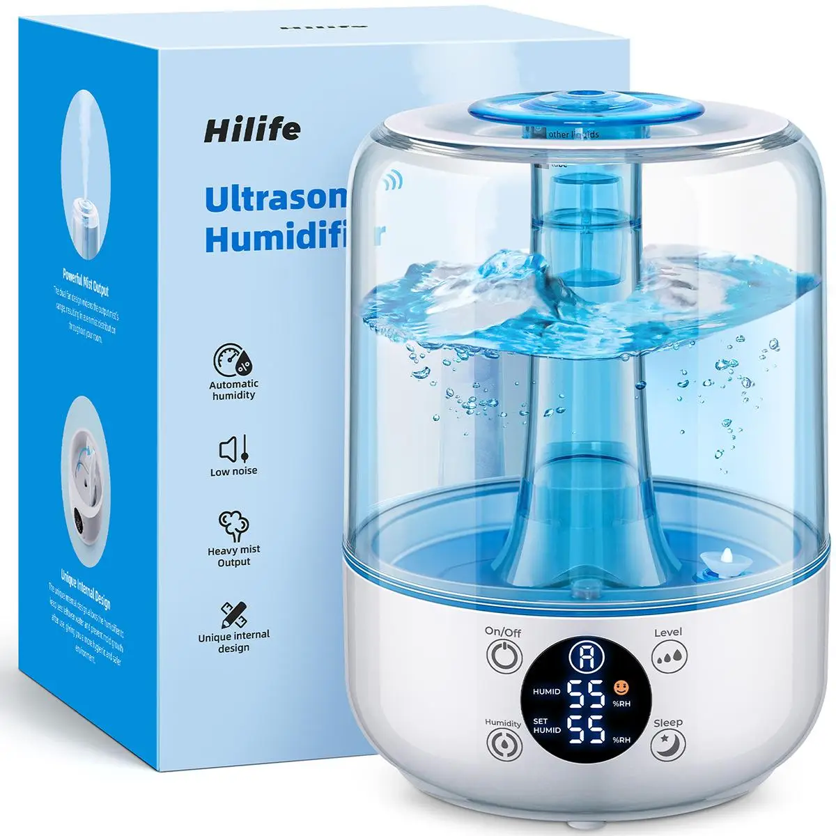 Hilife Humidifiers for Bedroom, 3L Ultrasonic Cool Mist Humidifiers for Home Baby Nursery & Plants, Auto Shut-Off, Filterless