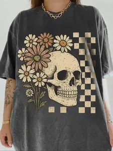 Women's Summer Casual Floral Skull Print Knit T-Shirt, Vintage Style Halloween Graphic Tee, Preppy Design, Comfortable Fit, Fitted