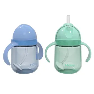Nuby Clik-it Straw Toddler Cup - (2 Pack) 8 oz - 360 Weighted Straw Toddler Sippy Cup for 1+ Year Old - Blue/Mint Green