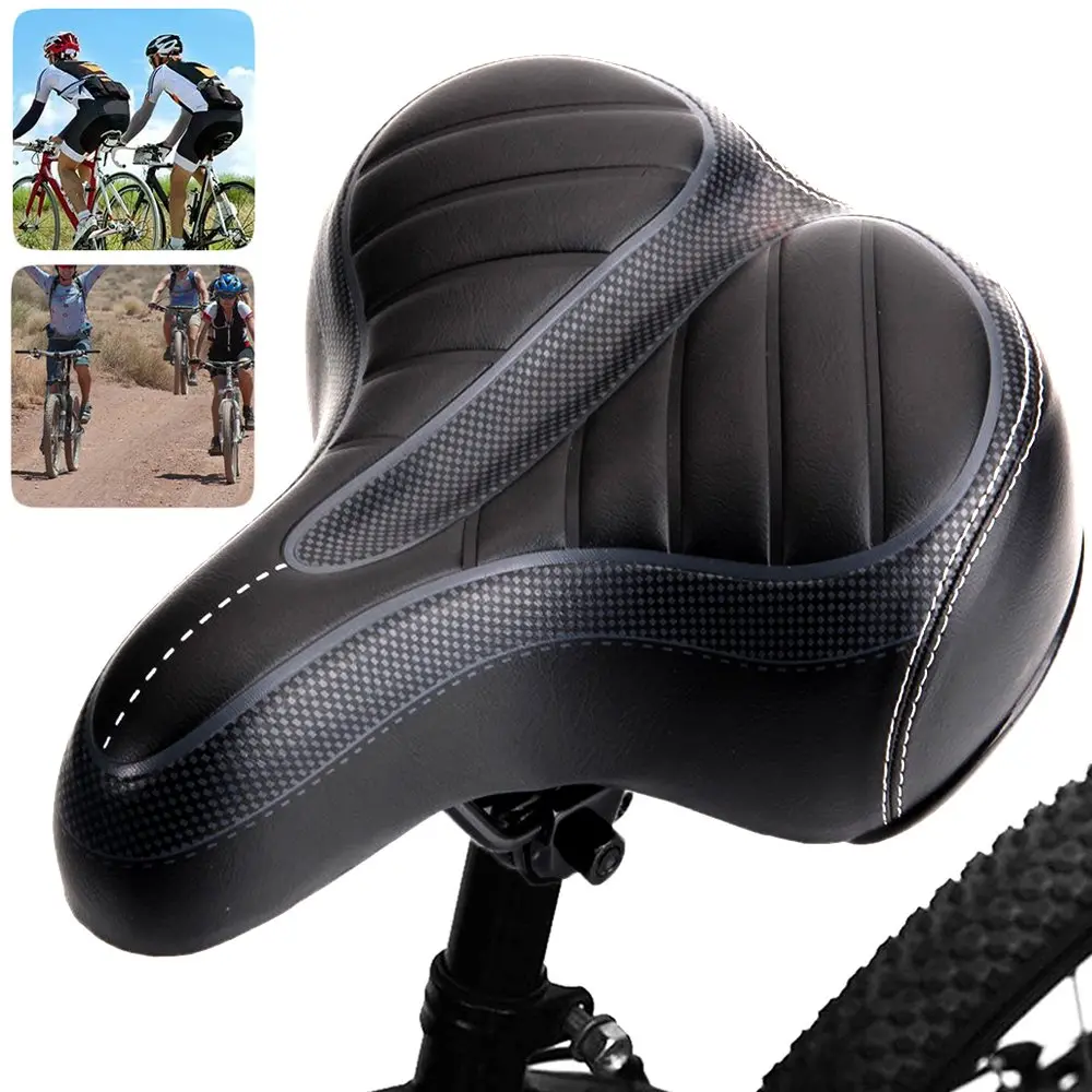 Wide Fit Bicycle Saddle with Dual Shock-Absorbent Memory Foam Balls, Waterproof PU Cover, Steel Skeleton, Sturdy Striped Design – For Men, Road Cycling, Mountain Biking