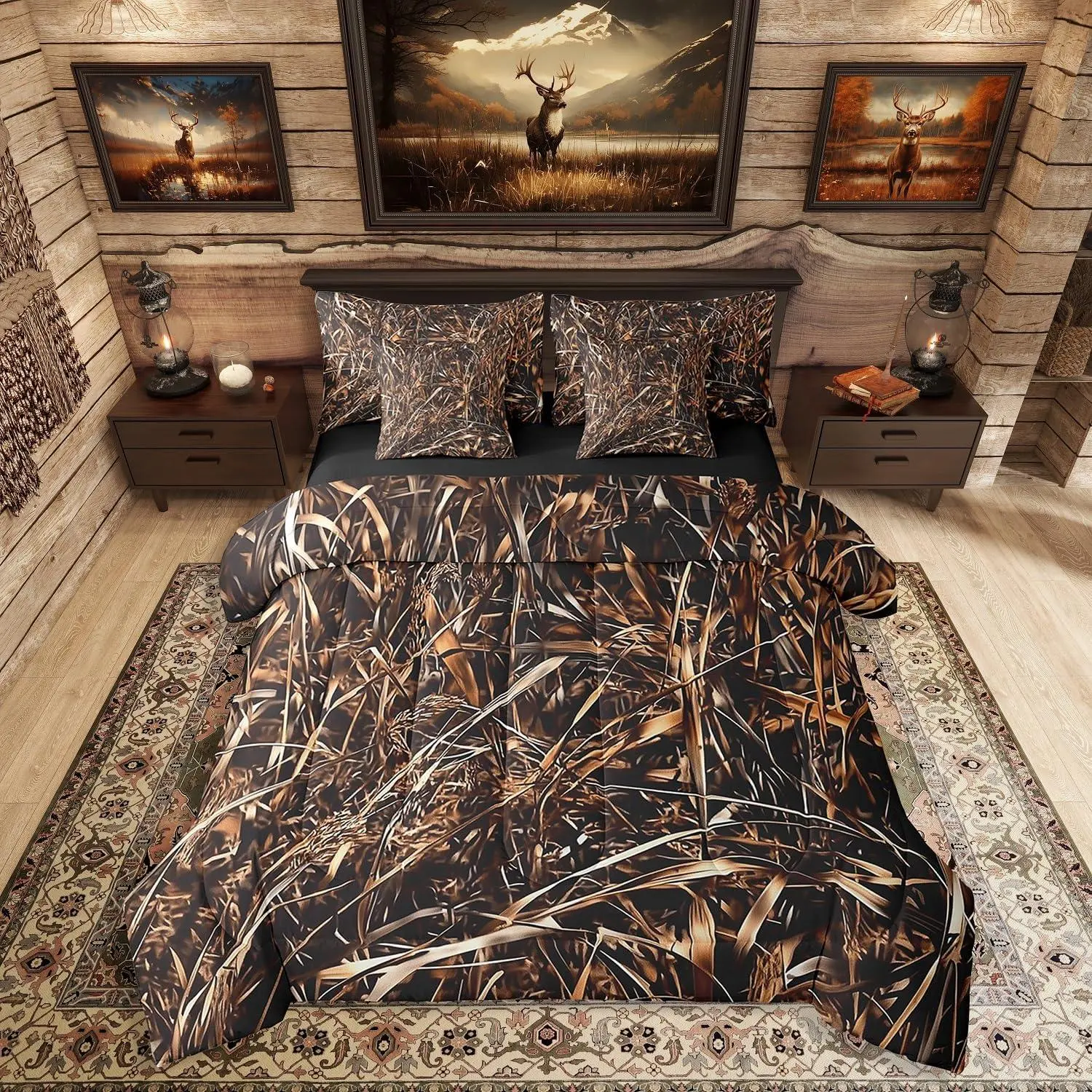 Feelyou 7-Piece Camo Bed Comforter Set with Sheets - Woodland Leaves Camouflage Bedding, Rustic Farmhouse Cabin Style, Camping Themed Bedroom Bedding Sets (for Men), Comfy Bed Sets, Bed Sheet Set