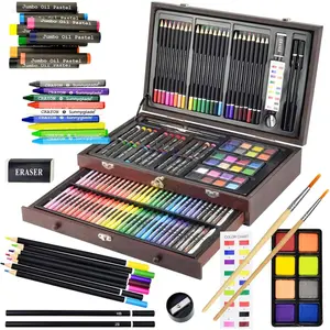 SUNNYGLADE 145 Piece Deluxe Art Set with Wooden Box Crayons Oil Pastels Colored Pencils Watercolor Cakes Sketch Pencils Paint Brush Sharpener & Eraser for Beginner to Advanced