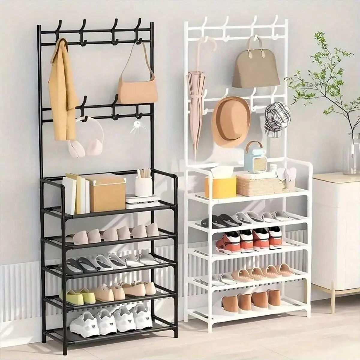 Freestanding Garment & Coat Rack with 8 Double Hooks, 5-Layer Non-Woven Fabric Shoe Rack, 16mm & 9.8mm Iron Pipes, Space-Saving Organizer for Entryways, Garment Rack