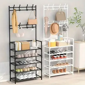 Coat Rack with 8 Double Hooks 5 Layers Non-Woven Fabric Space-Saving Storage Solution for Entryways Living Rooms Hallways Separate Shoe Rack Multicolor Iron Pipe 16 mm & 9.8 mm
