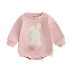 Infant Baby Easter Romper Fuzzy Bunny Embroidery Sweatshirt Jumpsuit Long Sleeve Round Neck Spring  Outfits for Newborn Boys Girls