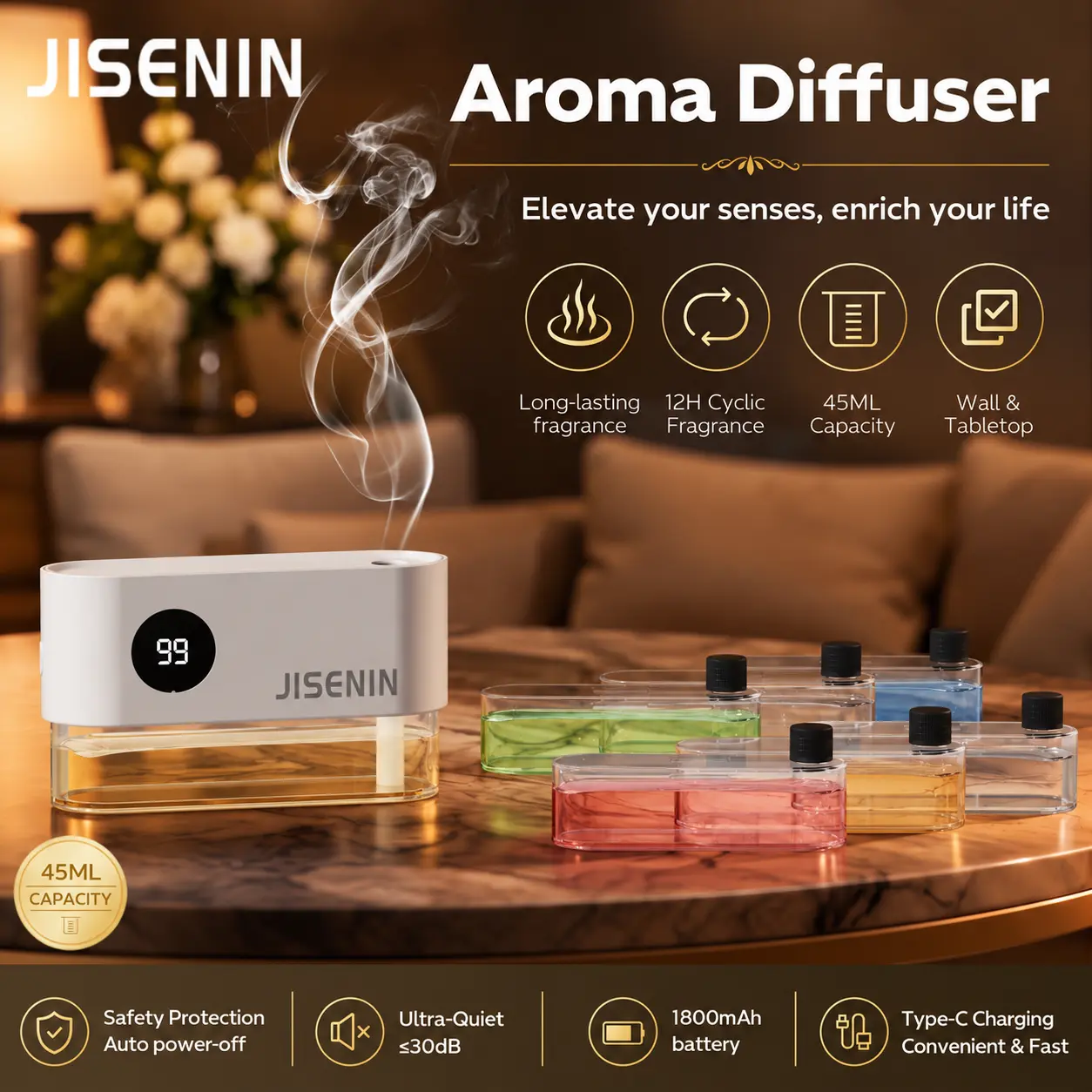 JISENIN Cordless Aroma Diffuser, 45ML Portable Essential Oil Diffuser with 5 Adjustable Levels, 1800mAh Rechargeable Battery, Wall-Mounted or Tabletop Design for Home, Bedroom & Bathroom