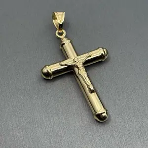 14K Gold Big Cross Pendant with Detailed Crucifix Design for Religious Jewelry